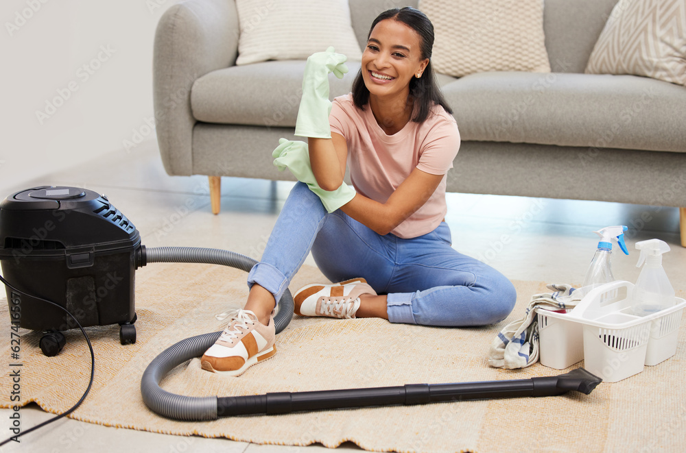 Vacuum, home and woman portrait with a smile from spring cleaning and tidy living room. Lounge, floo