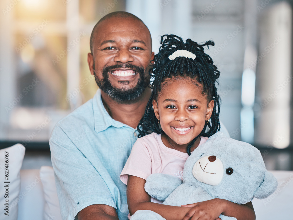 Black family, grandfather and portrait of girl in home living room, bonding and relax together with 