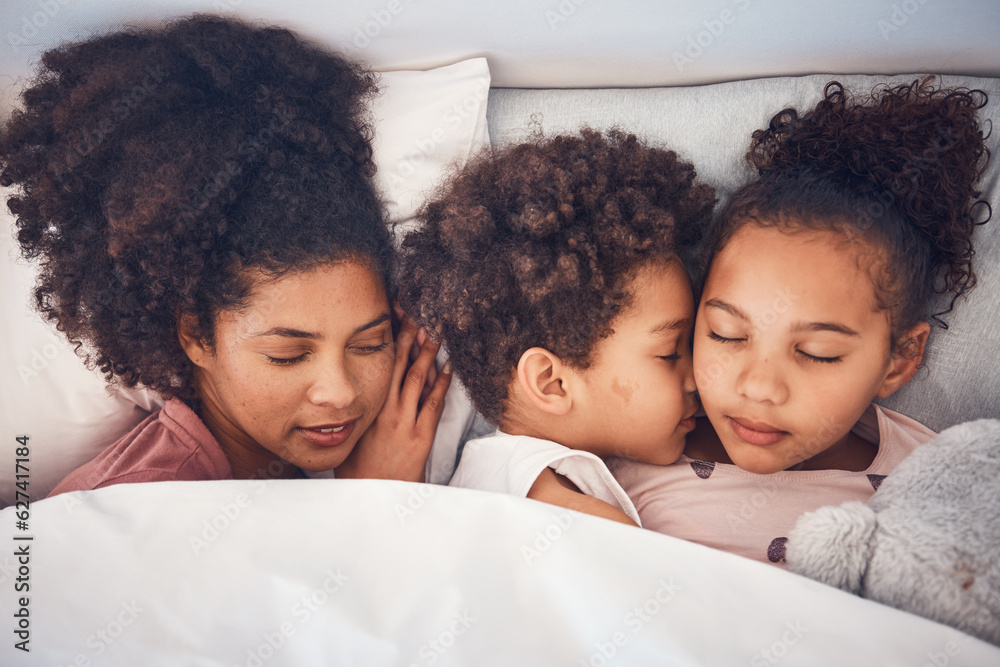 Mother, children and sleeping in bed together at home for security, bonding and comfort. Healthy, pe