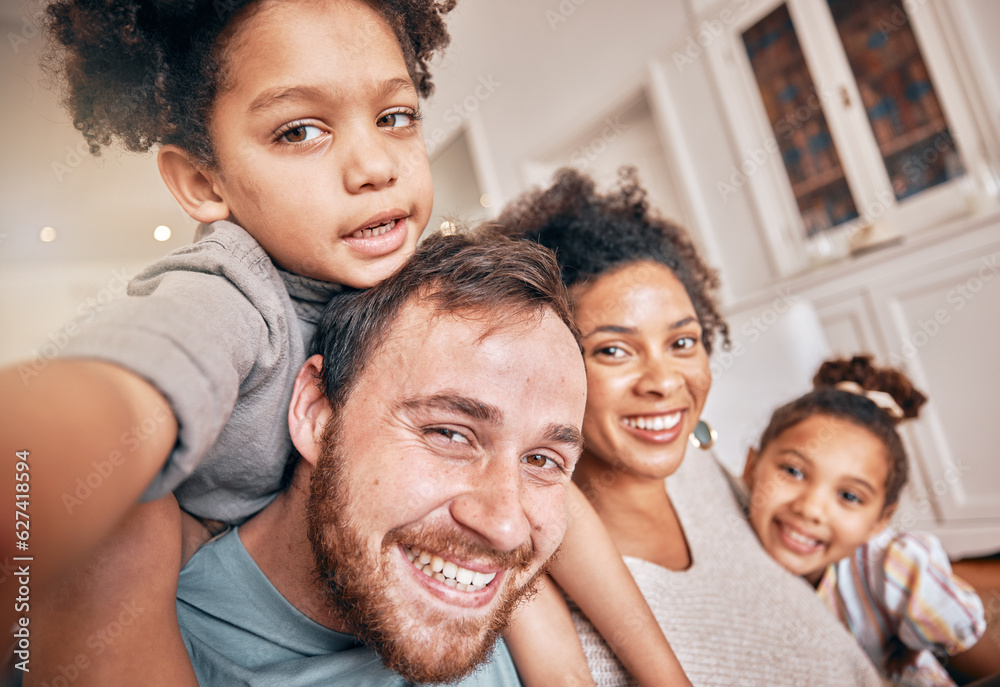 Selfie, smile and piggyback with a blended family in their home together for love, fun or bonding cl