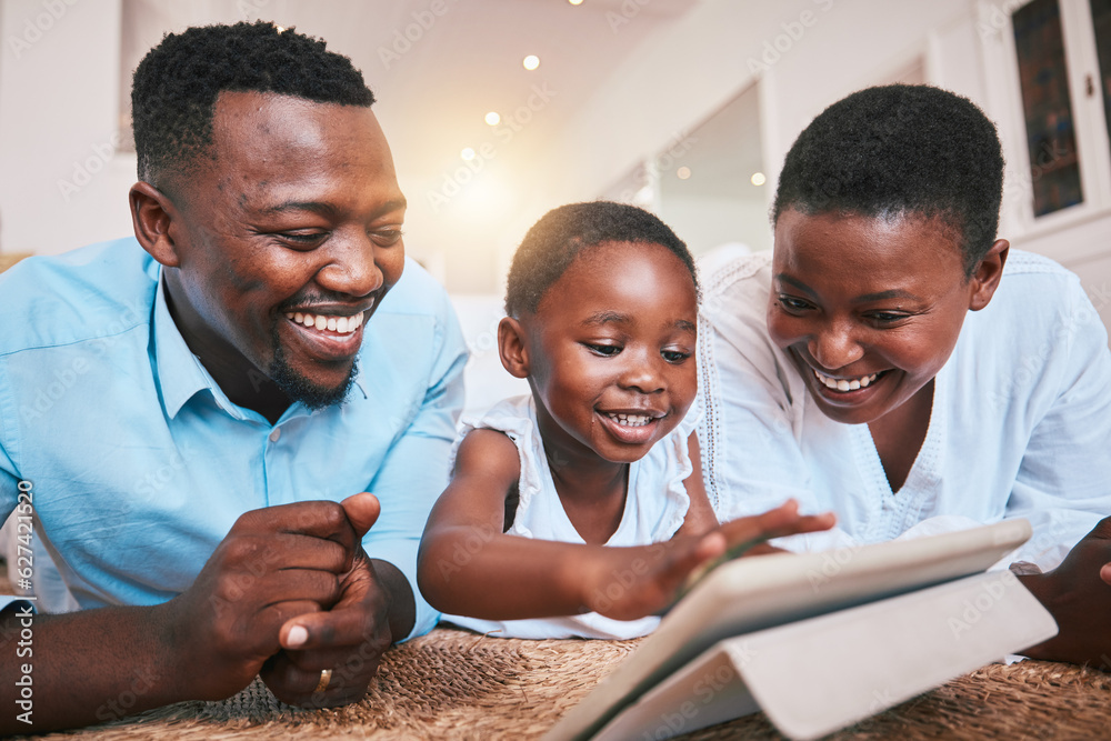 Digital happy and tablet with black family in living room for streaming, online games and elearning 