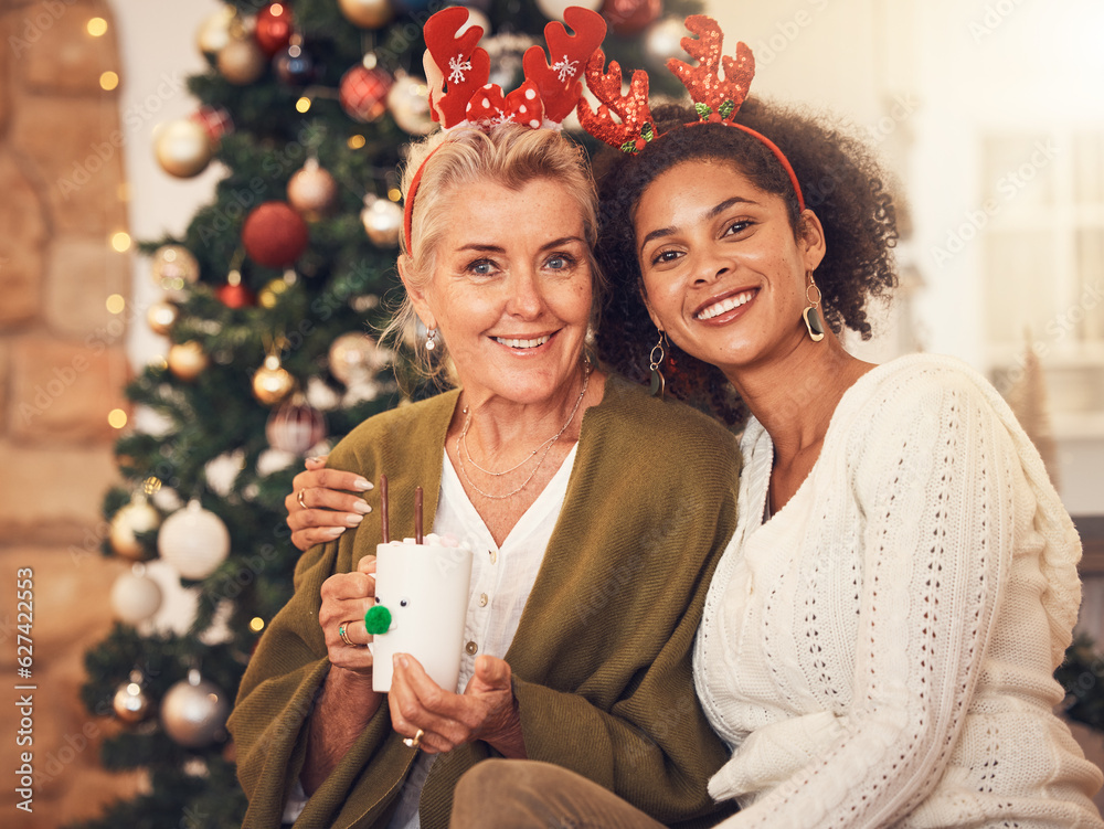 Portrait, christmas and blended family with a woman and daughter in law together in a home during th