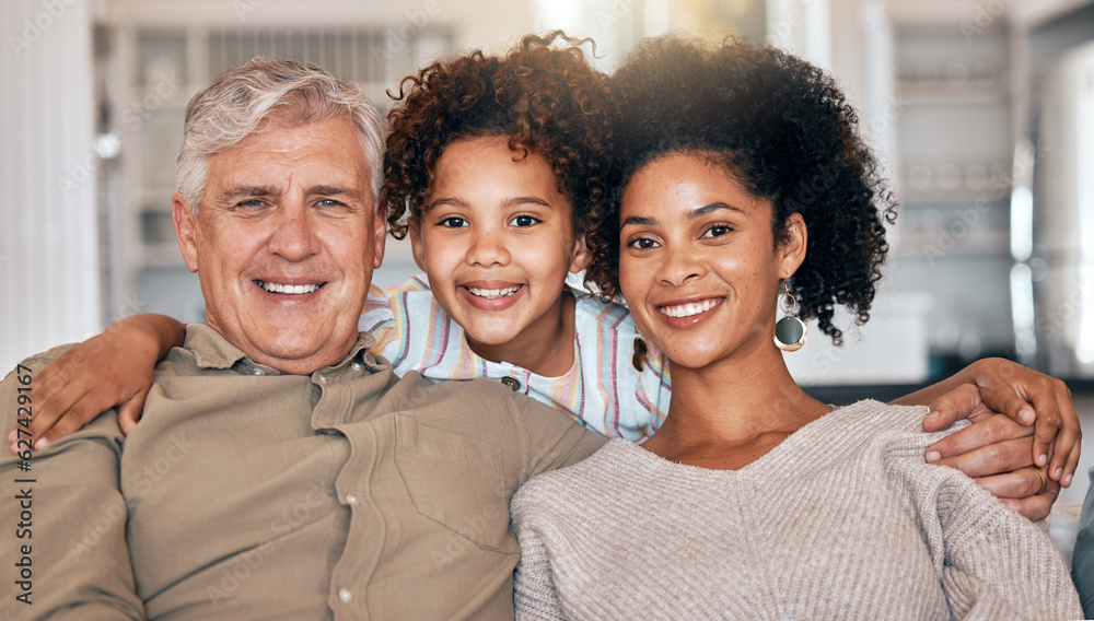 Happy, interracial and portrait of family with hug, care and love for grandfather or mother on sofa.