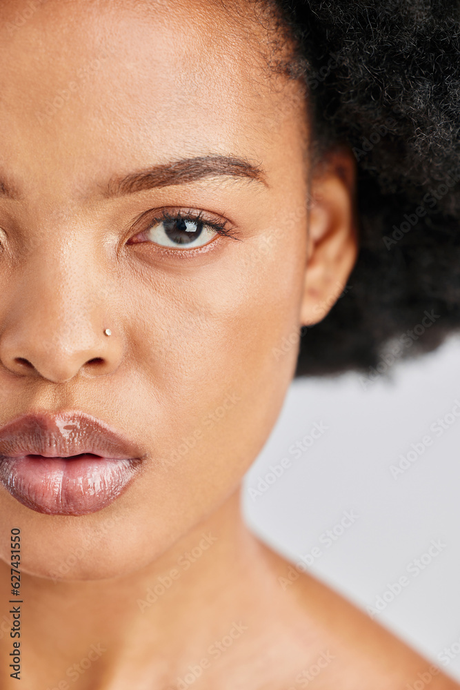 Beauty, studio portrait and African woman with skincare shine, foundation makeup and natural cosmeti