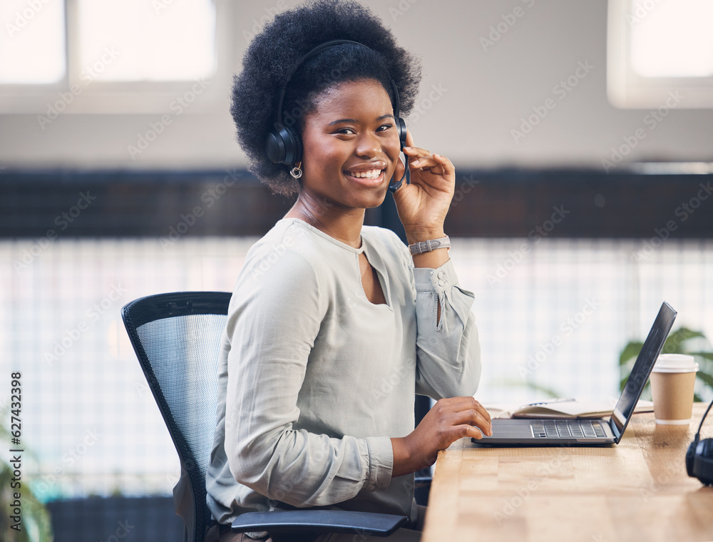 Portrait, call center and laptop with a black woman consultant working in her telesales office. Cont