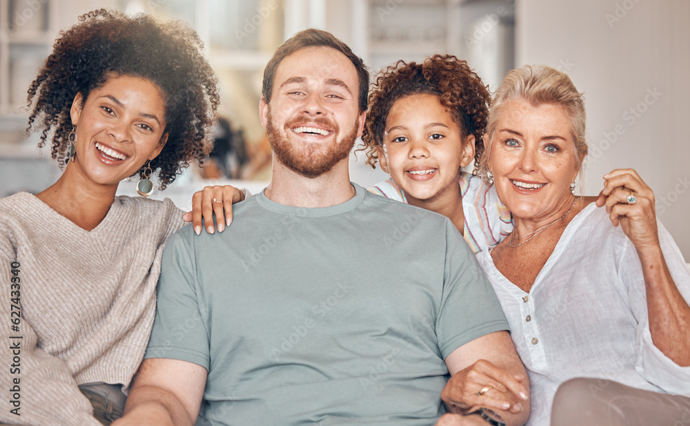 Portrait, family and parents, grandmother and kid in home, bonding and relax together in living room