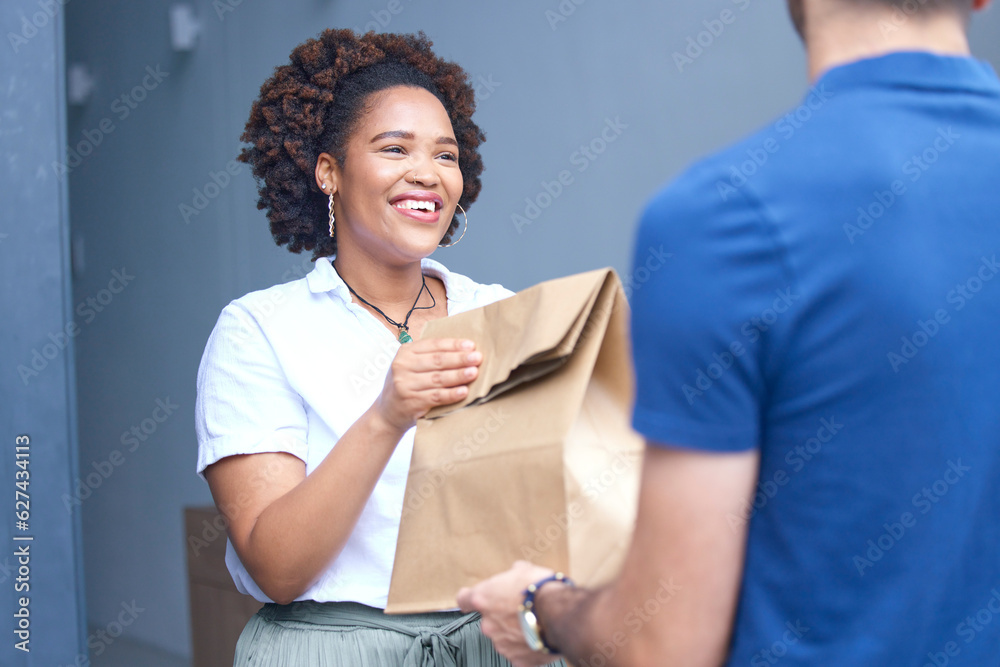 Happy woman, package and delivery man by door for order, fast food or parcel in ecommerce at home. F