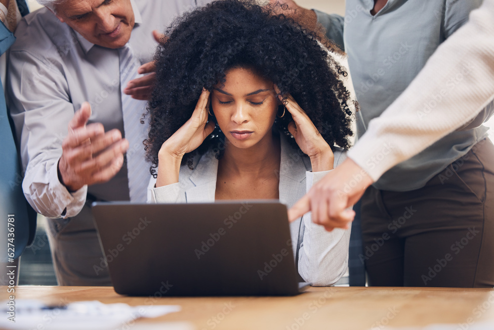 Stress, chaos and black woman with headache from multitasking, workload and team pressure in office.