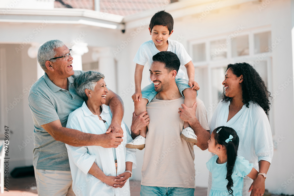 Happy, love and big family together outdoor for fresh air in the backyard of their modern house. Hap