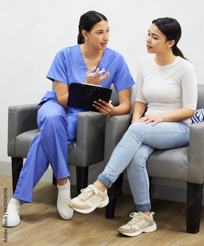 Clipboard, doctor and woman in clinic office, healthcare service and talking, questions or women con