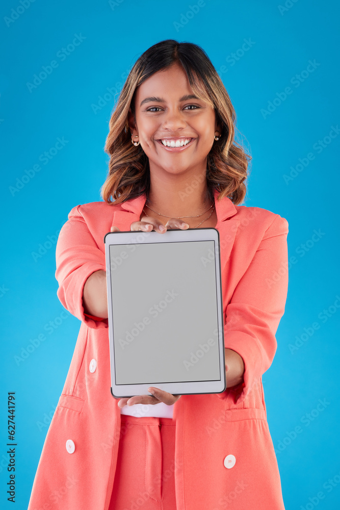 Woman, tablet mockup and screen in portrait, app advertising and website ads isolated on blue backgr