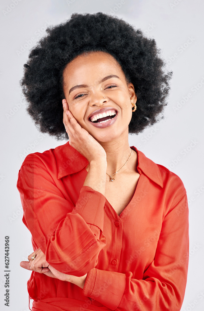 Portrait, smile and fashion with a black woman in studio on a white background for trendy style. Aes