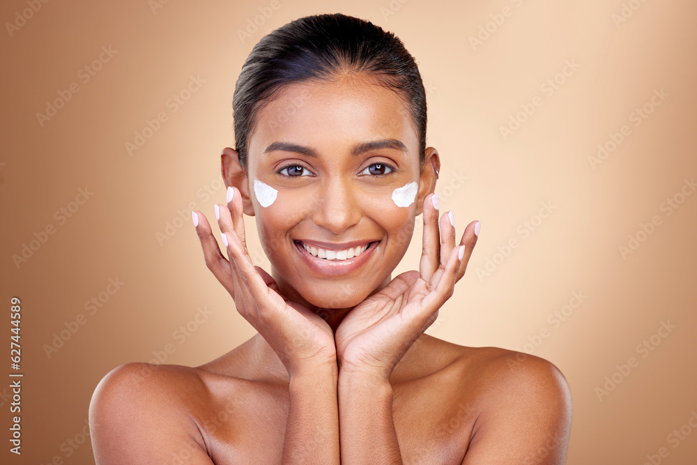 Facial cream, skincare or portrait of happy woman for aesthetic shine, cosmetics or dermatology on s