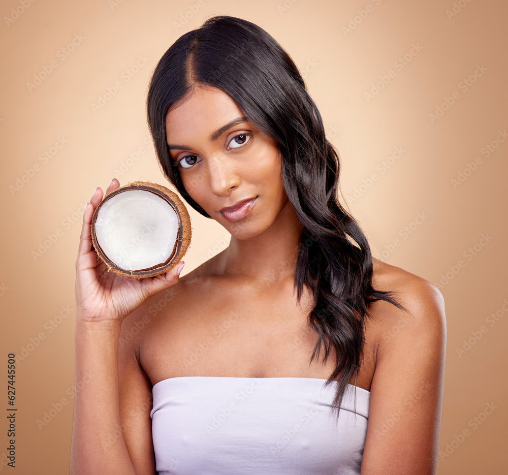 Coconut, fruit and portrait of woman with natural beauty, skincare or vegan product in cosmetics for