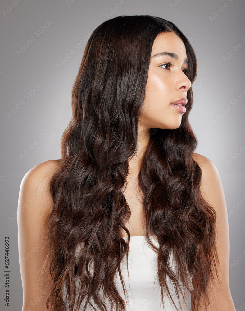 Woman with hair, beauty with balayage and curly hairstyle with haircare and keratin treatment on stu