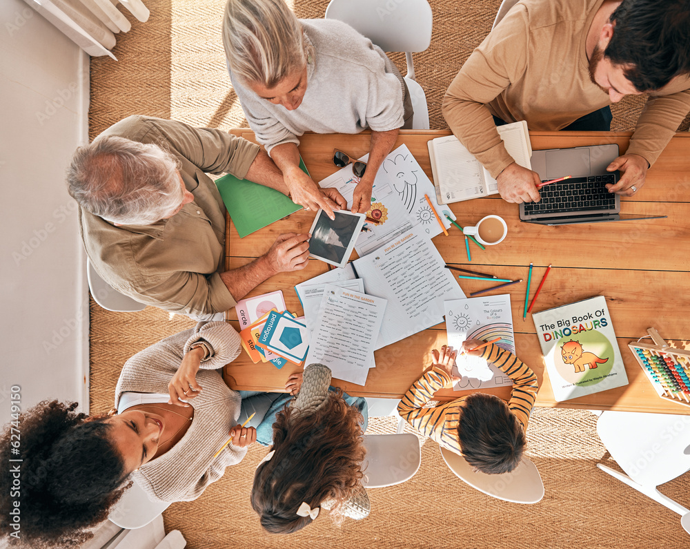 Homework, freelancer and help with big family at table from above for education, learning and kinder