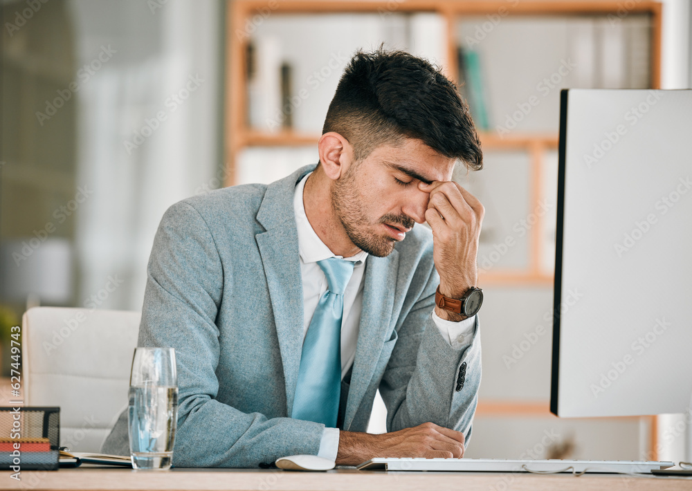 Business man, headache and office computer with stress from auditor burnout at desk. Anxiety, eye pa