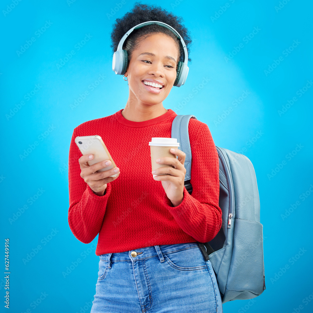 Phone music, student or happy woman listening to education podcast, streaming radio or audio sound. 