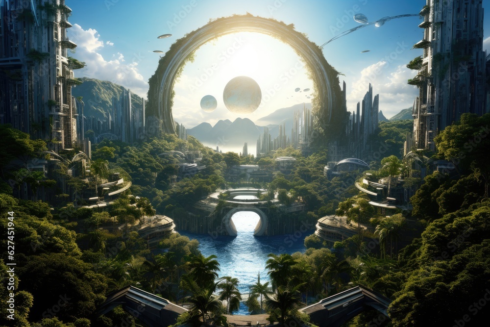 Fantasy alien planet with beautiful landscape. 3d render illustration. A futuristic metropolis nestl