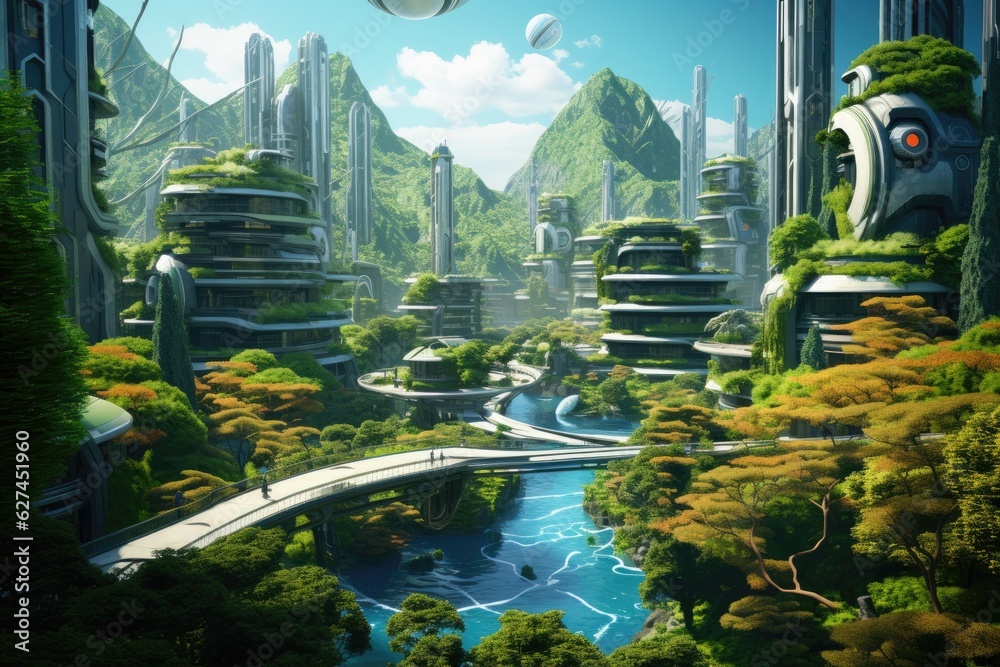 3D rendering of a futuristic city with a pond and a bridge, A futuristic metropolis nestled in a lus