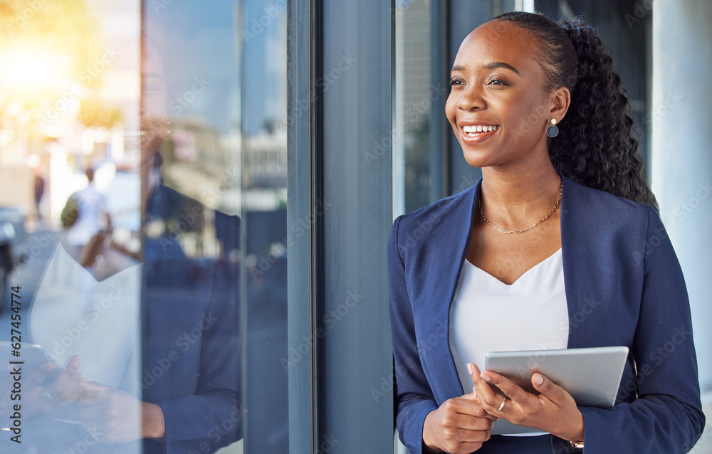 Business, black woman with smile and tablet at window in office, thinking and ideas for online caree