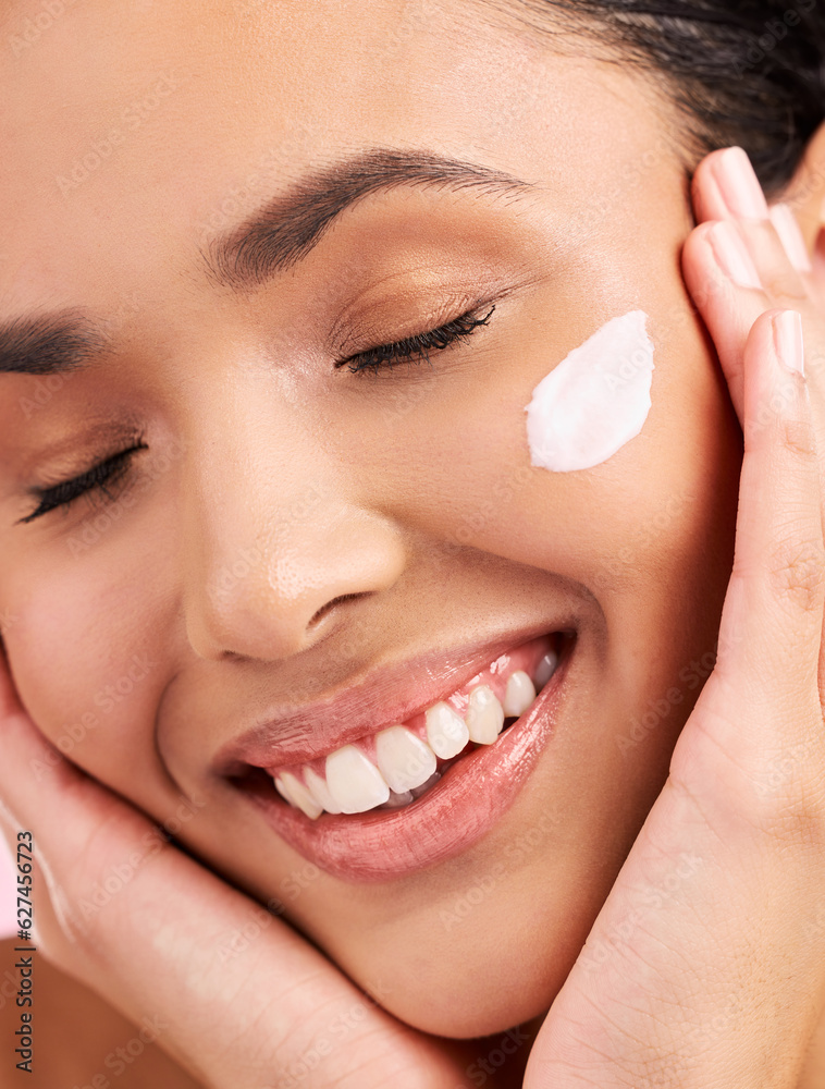 Beauty, cream and face of a happy woman with skin care, dermatology and natural glow. Closeup of a y