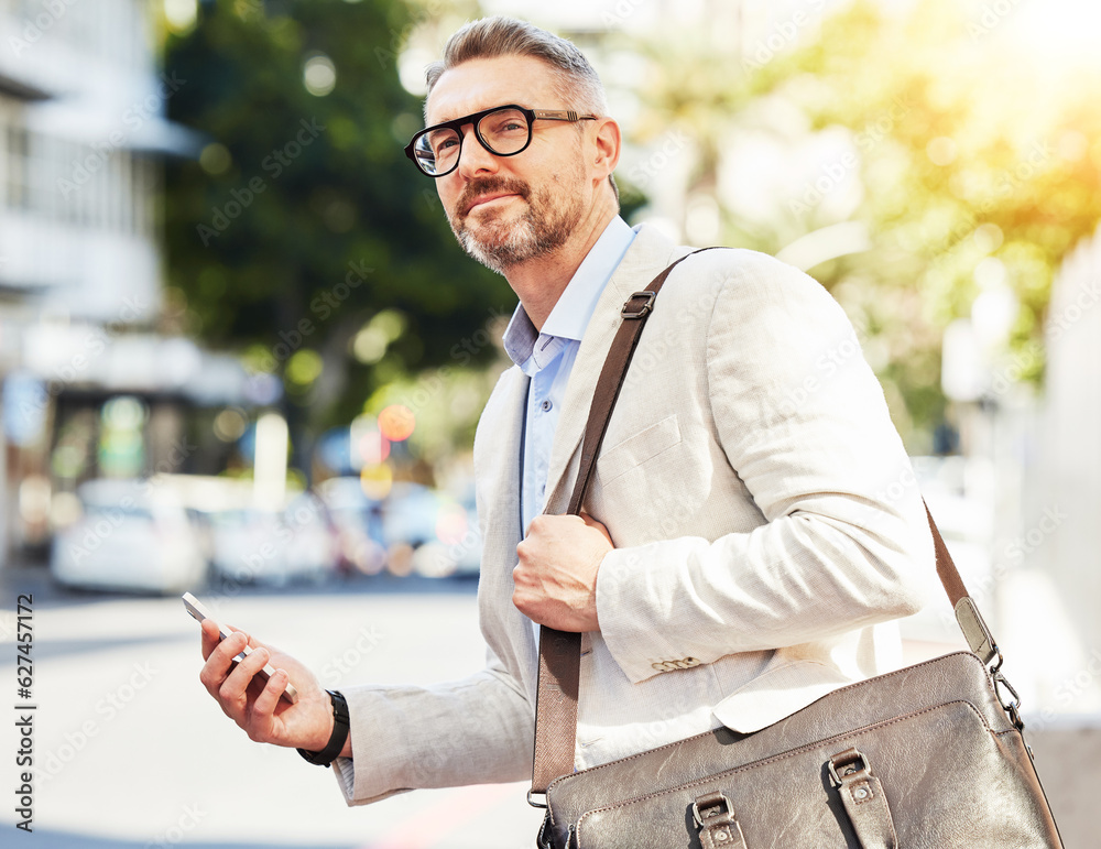 Business, travel and man with phone in a city street for location, search or guide outdoor. Smartpho