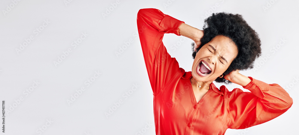 Anger, shouting and a black woman with stress on a studio background with mockup for mental health. 