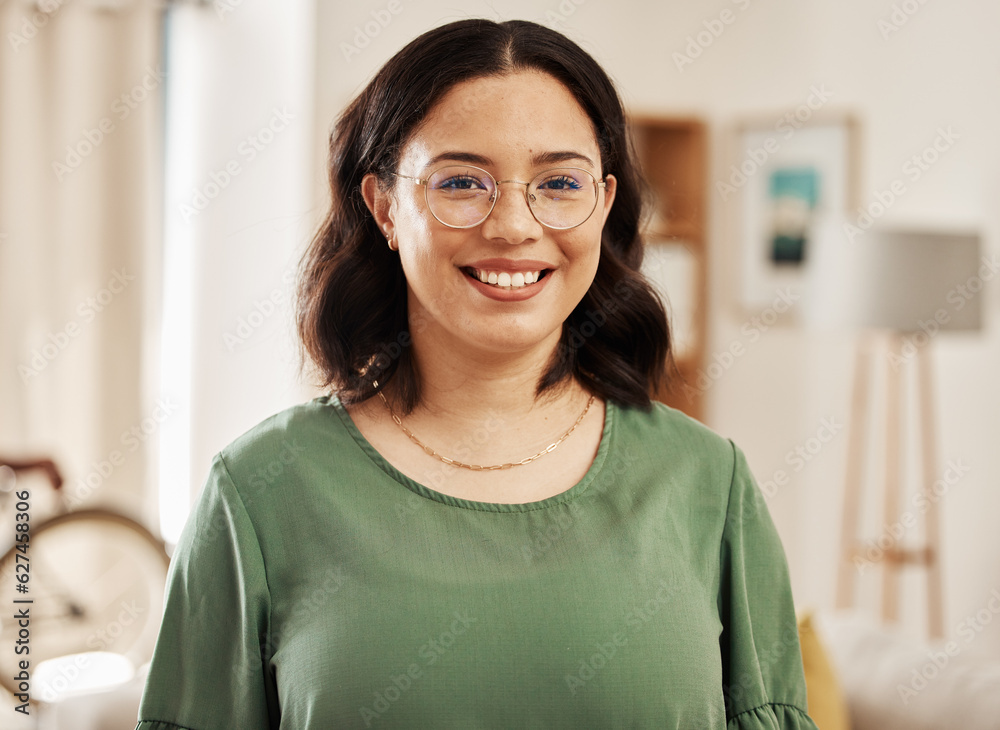 Happy, home and portrait of relax woman with eye care glasses, lens frame or smile for weekend free 