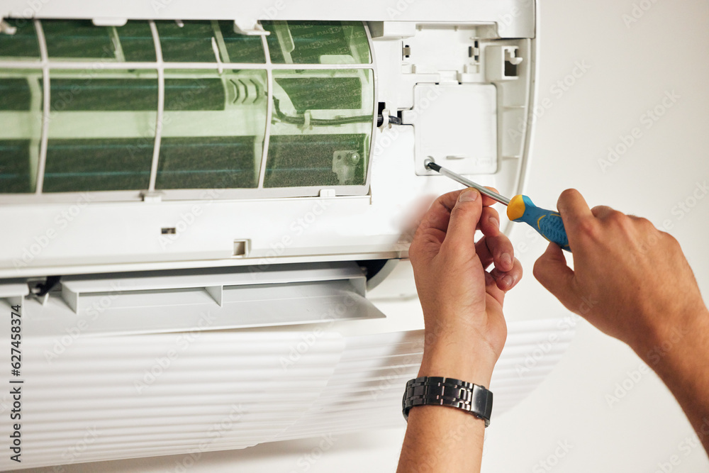 Maintenance, air conditioner and hands of man with screwdriver for problem solving on machine. Airco