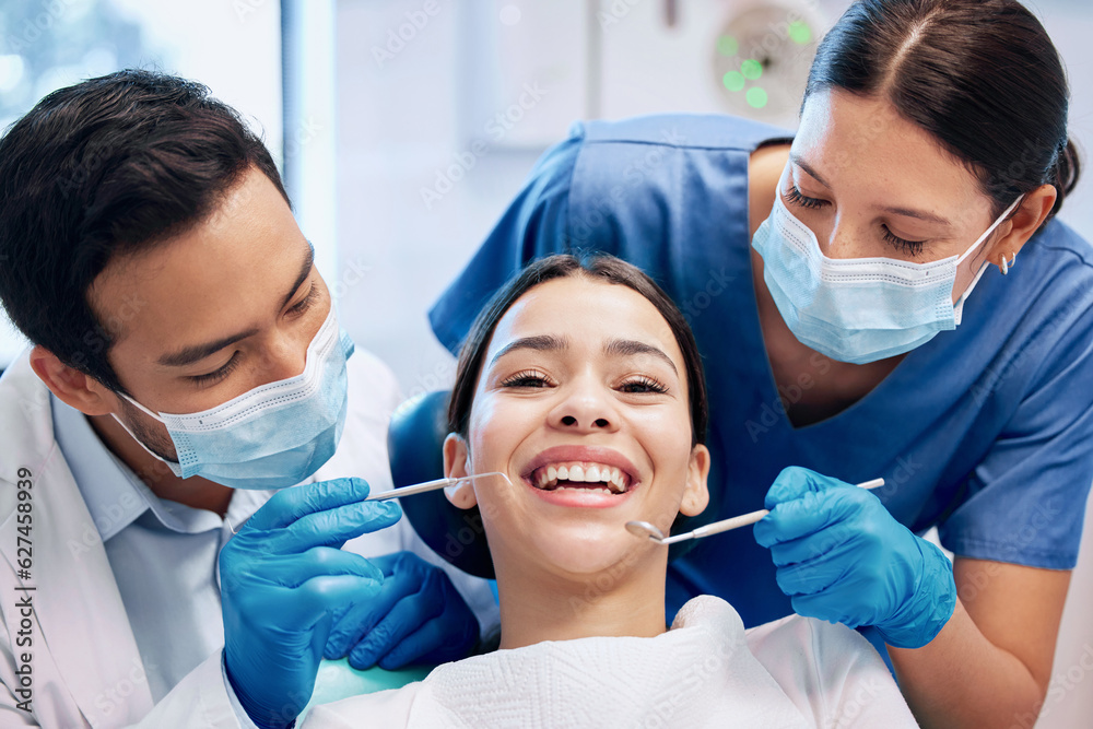 Healthcare, dentist and portrait of woman for teeth whitening, service and dental care. Medical cons