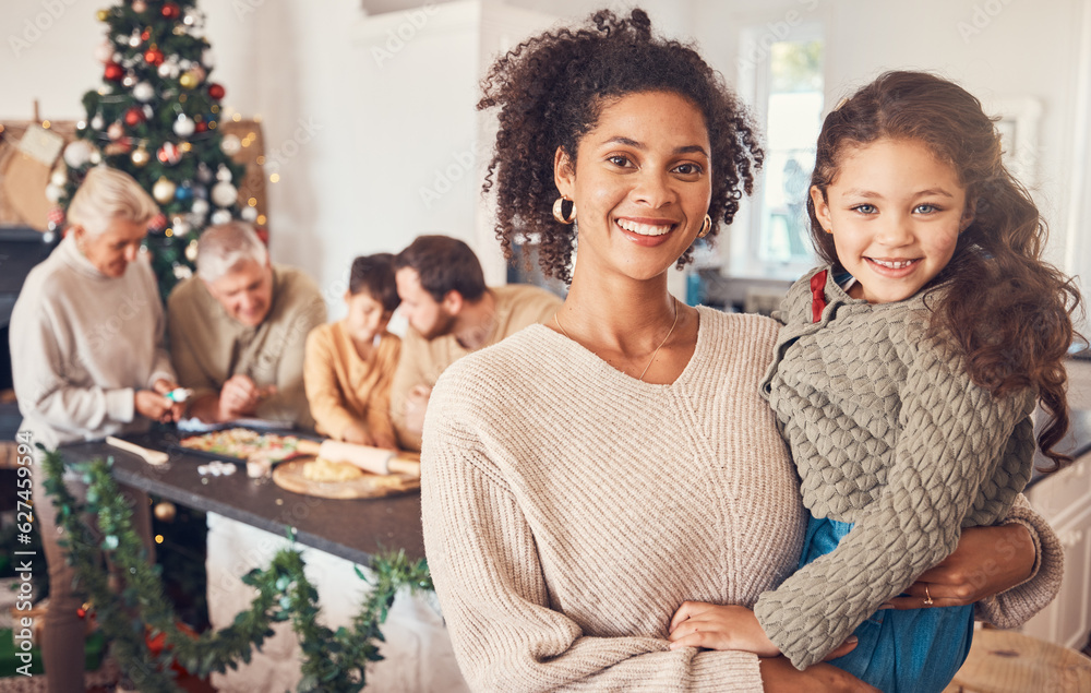 Christmas, portrait and mother with girl, happy together and bonding in home. Xmas, smile and face o