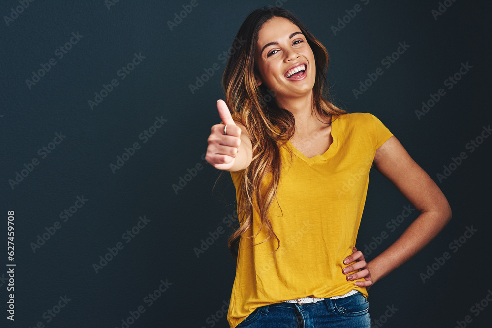 Happy, portrait and a woman with a thumbs up for success, agreement and yes sign. Smile, thank you a