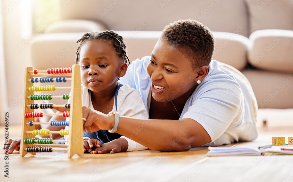 Learning, help and abacus with mother and daughter in living room for math, education and homeschool