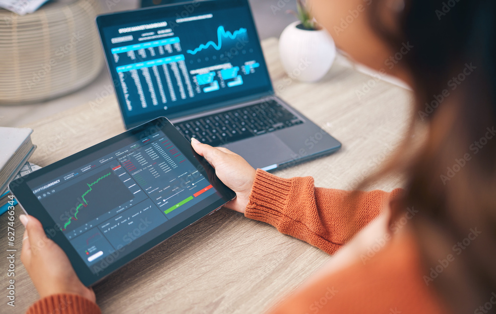 Hands of woman with laptop, tablet and data analytics for research in business management in stock m