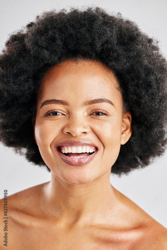 Cosmetics portrait, afro and African happy woman with beauty, skincare facial glow or healthy hair c