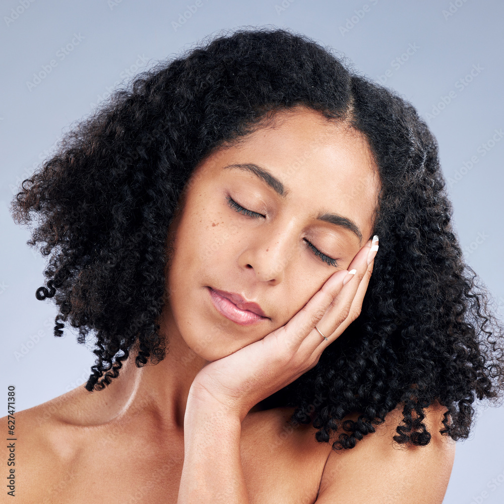 Woman touching face, beauty and natural skincare, cosmetics and curly hair on studio background. Hai