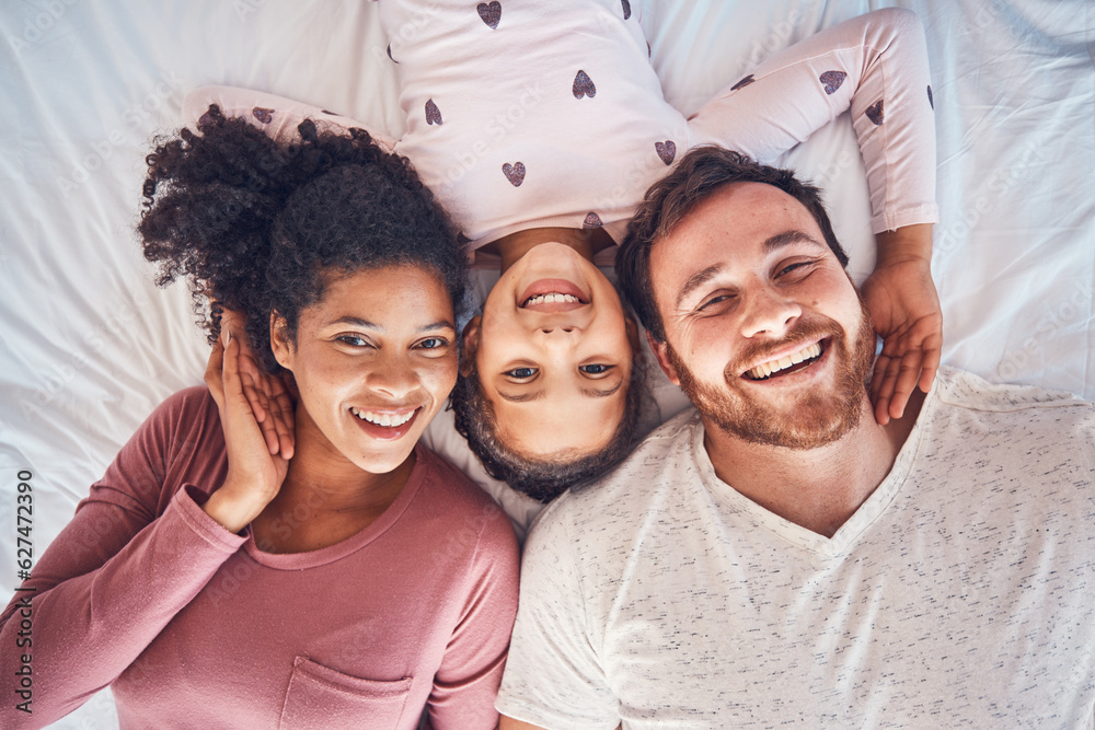 Smile, happy family and portrait on bed at home for quality time, bonding or morning routine. Above,