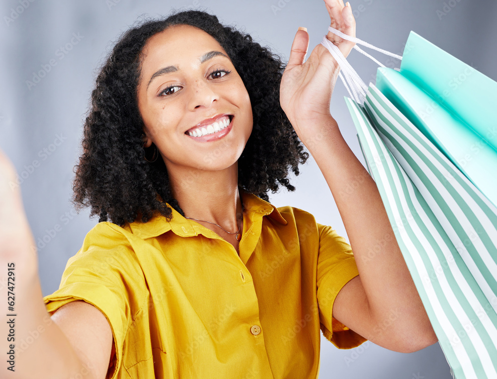 Shopping bag, selfie and woman in portrait for discount, sale and happy on white background. Retail,