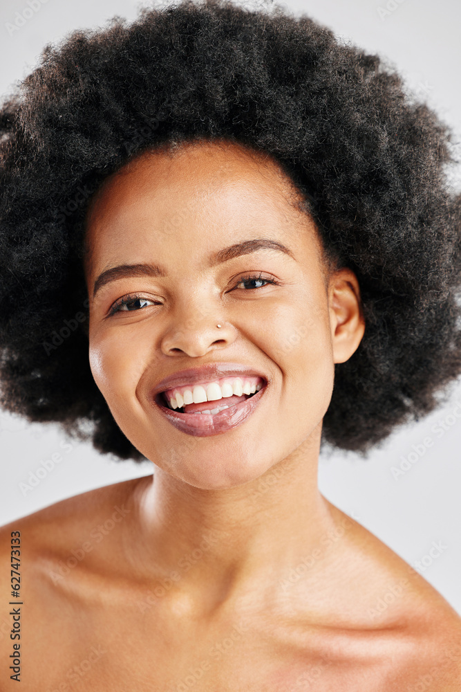 Portrait, happy black woman and face for skincare, aesthetic glow and dermatology on white backgroun