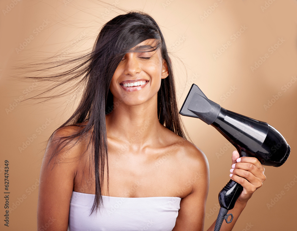 Hairdryer, hair and woman, beauty and shine, cosmetic care with heat isolated on studio background. 