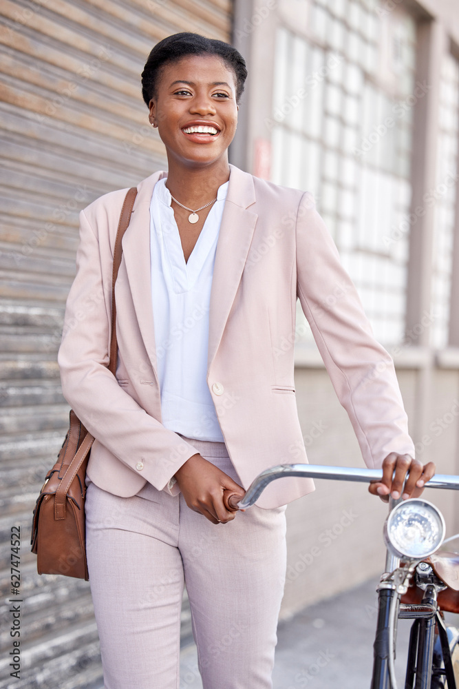 Business woman in city with bicycle, smile and sustainable morning commute walking on sidewalk. Eco 