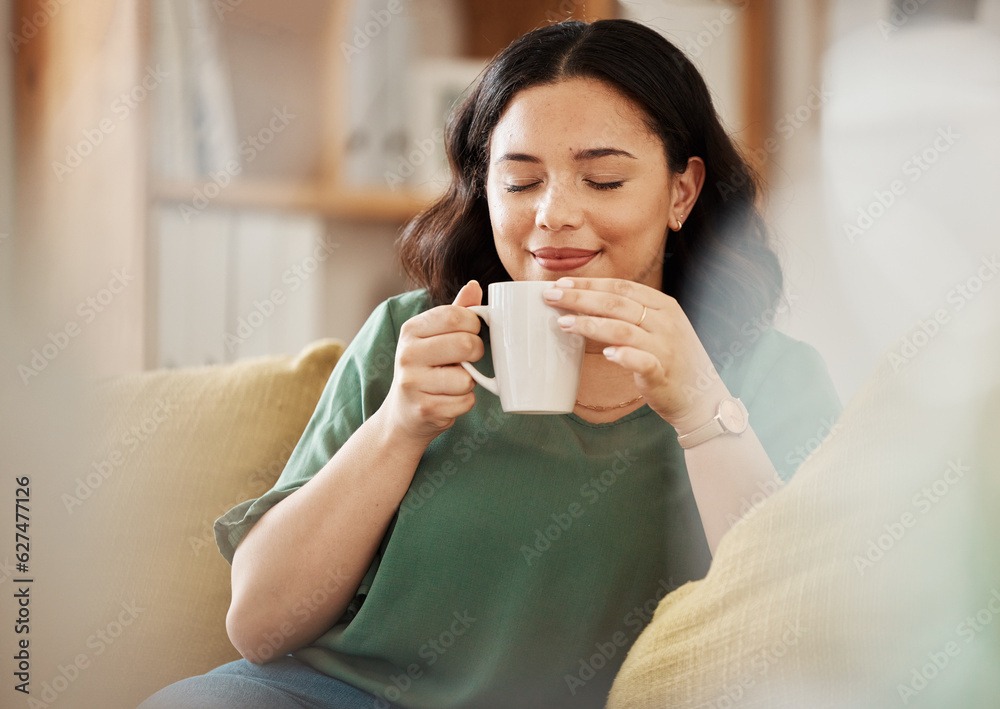 Tea, relax and smile with a woman in her home, sitting on a sofa in the living room enjoying a bever