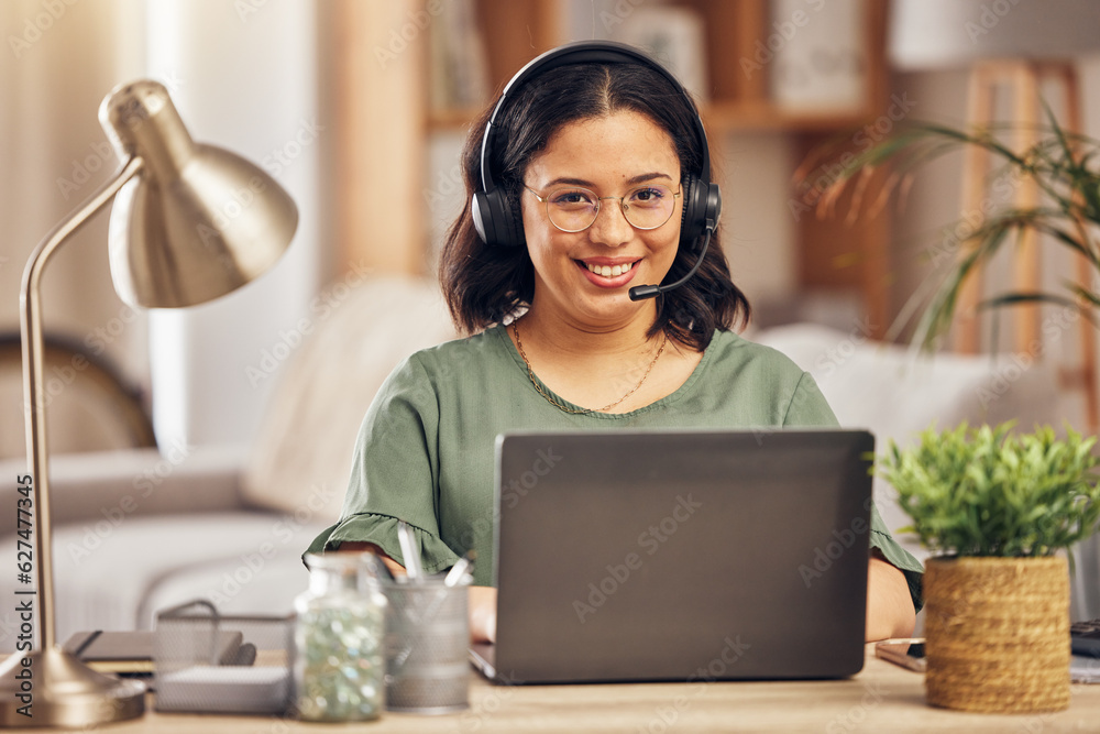 Woman, portrait and smile in home office for call center job, headphones and mic for crm communicati