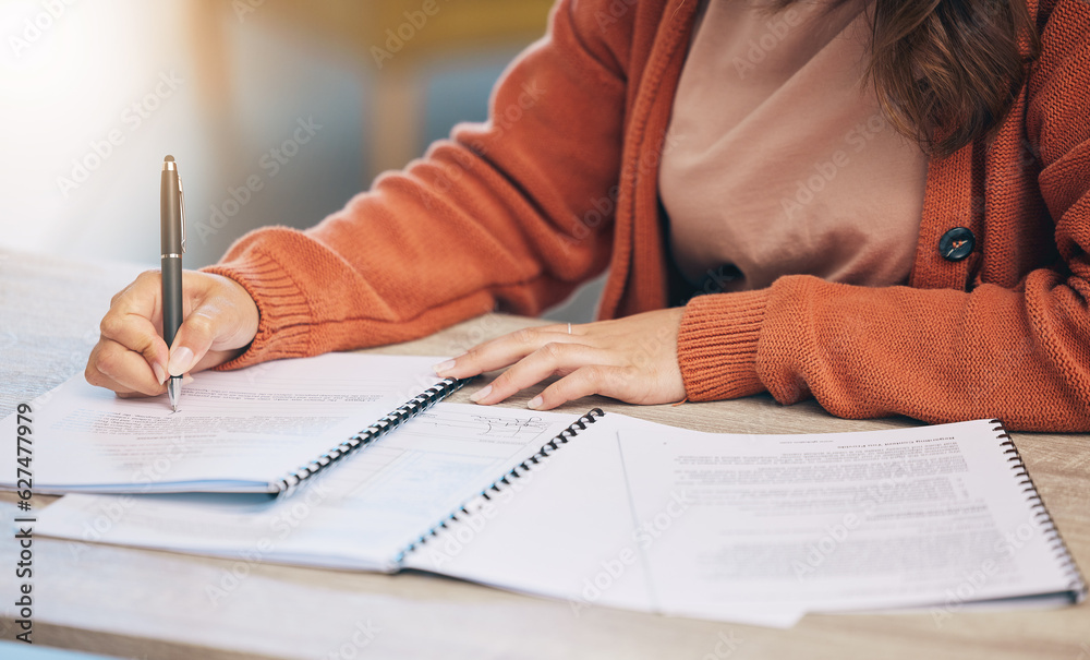 Woman, hands and writing on documents for signing contract, form or application on desk at home. Clo