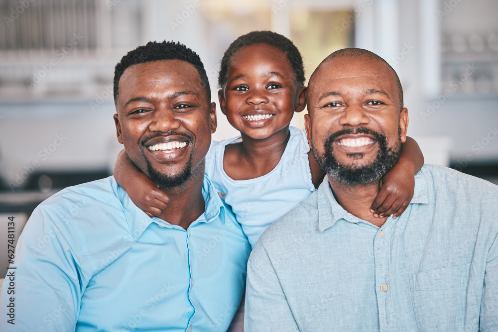 Black family, grandfather and father with girl in portrait, bonding and relax together in home. Afri