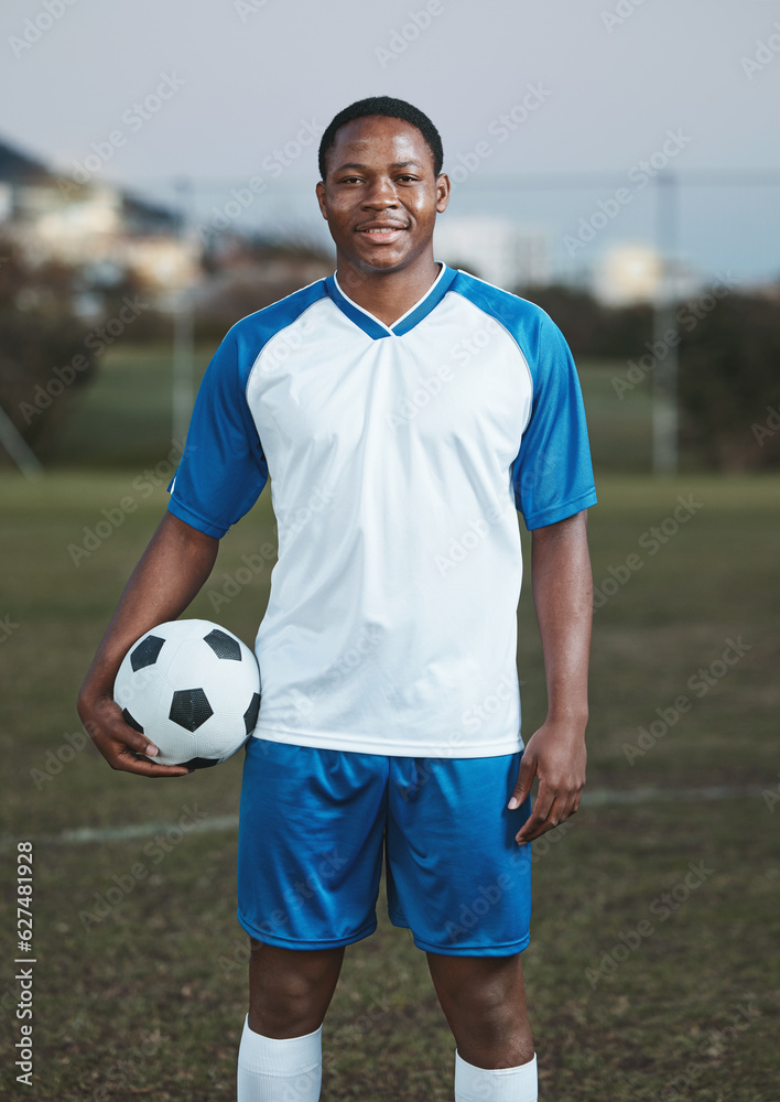 Soccer ball, ready or portrait of black man on field with smile in sports training, game or match on