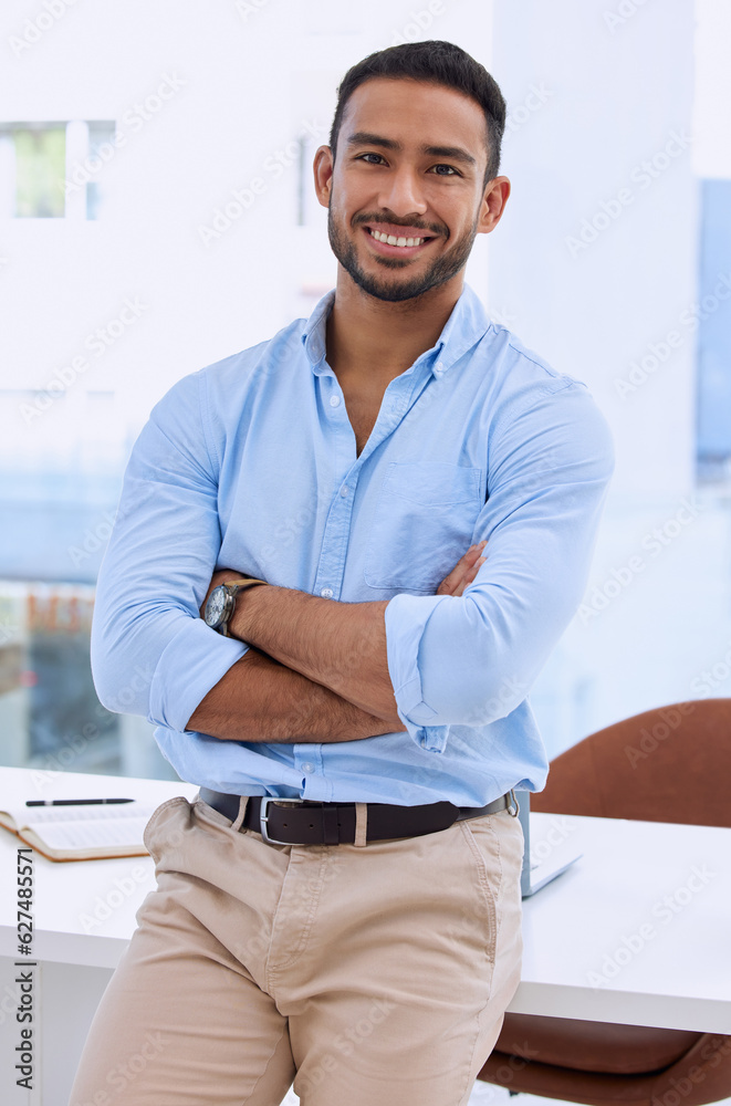 Business man, arms crossed and confident in portrait, success and professional mindset in workplace.