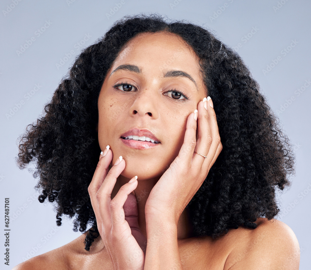 Portrait, skin and mockup with a model black woman in studio on a gray background for beauty. Face, 