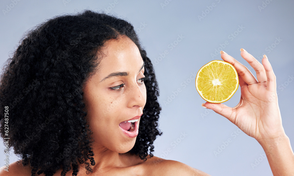 Woman, lemon and thinking for skincare, studio and wow for natural results for health by background.